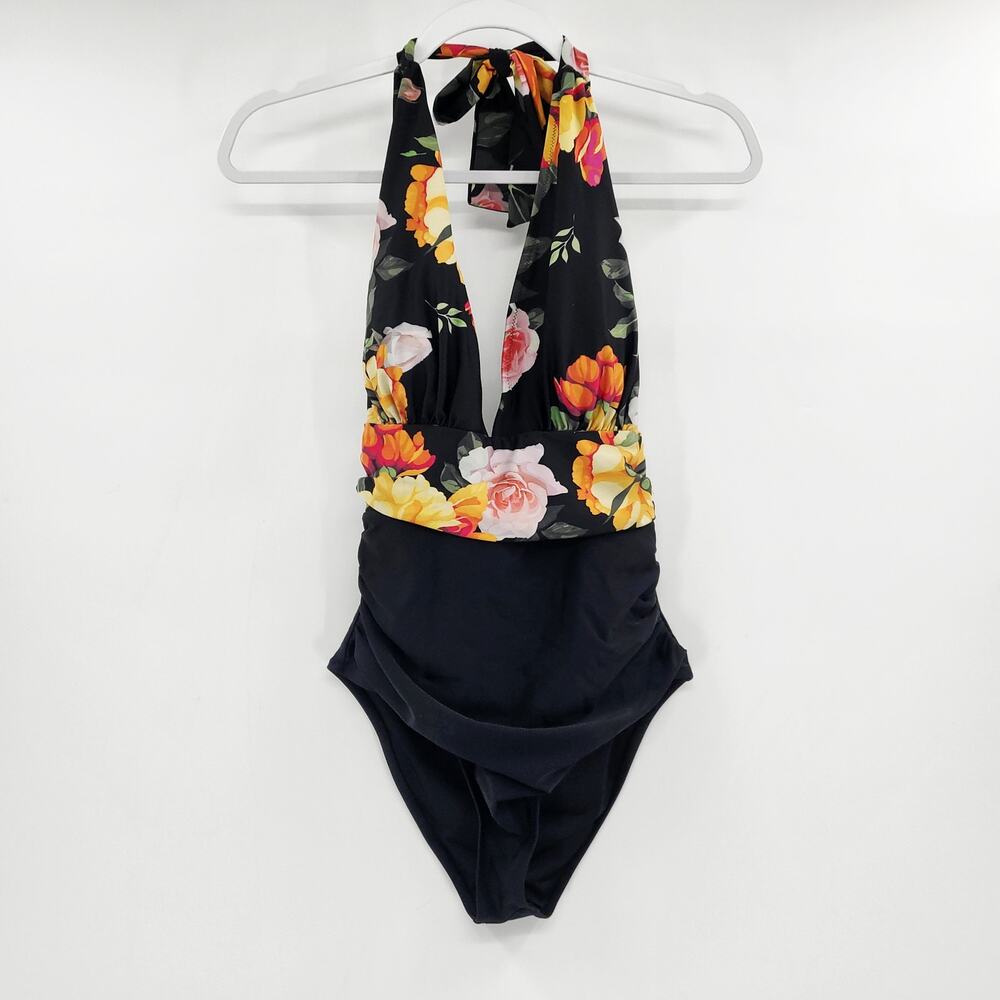 Multicolor Floral Print Deep Halterneck Open Back One Piece Swimsuit Women's M